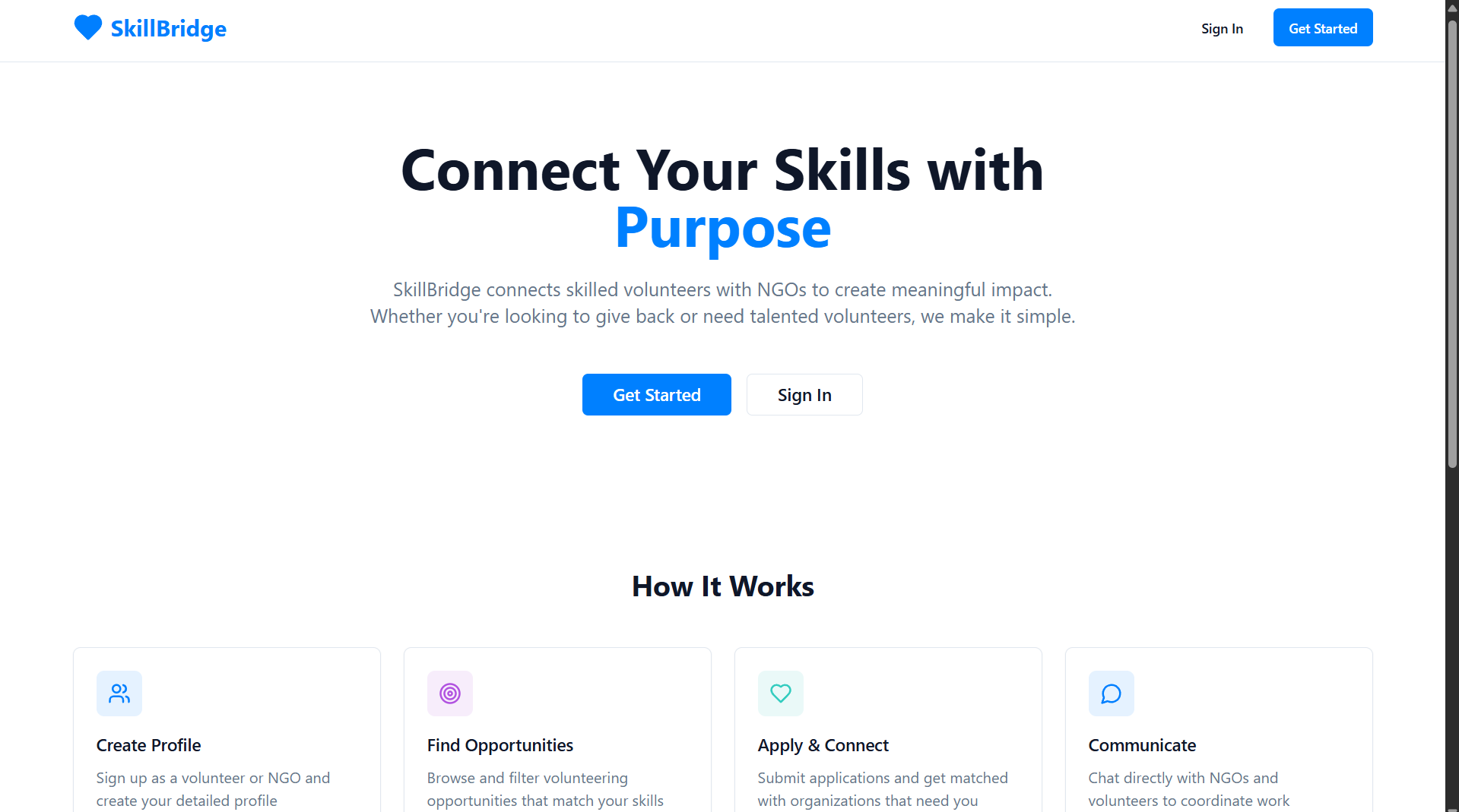 SkillBridge project — volunteer-NGO platform using React, TypeScript, Supabase